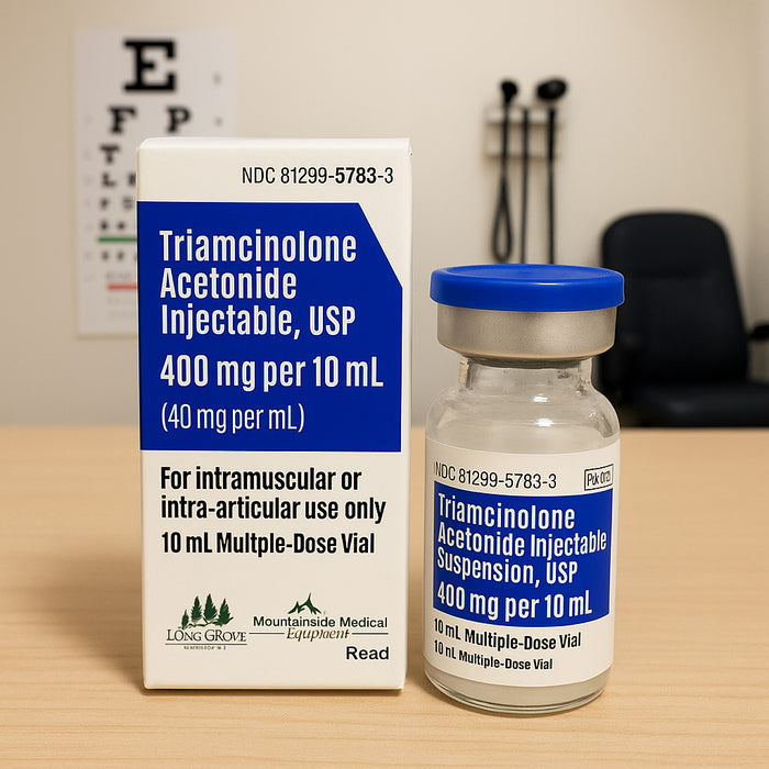 Triamcinolone Acetonide Injection 40 mg in a doctors office on counter.