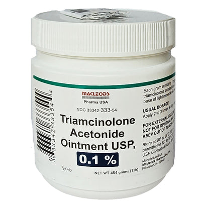A white plastic jar of Macleods Triamcinolone Acetonide Ointment USP 0.1%.