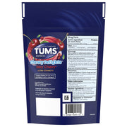 Drug facts for Tums Chewy Delights show ultra strength antacid relief, highlighting fast relief from heartburn, indigestion, and acidity.