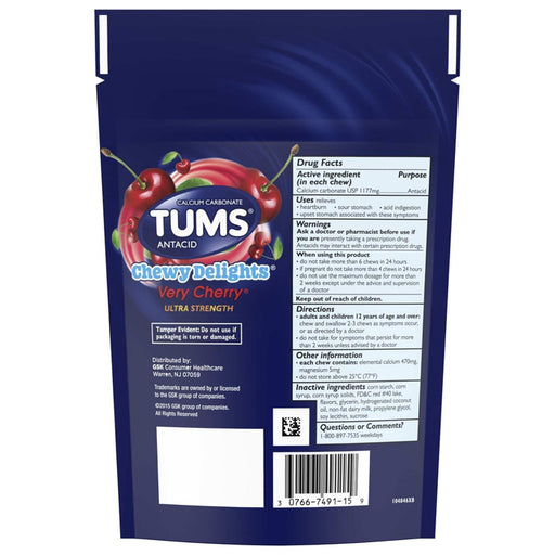 Drug facts for Tums Chewy Delights show ultra strength antacid relief, highlighting fast relief from heartburn, indigestion, and acidity.