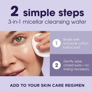 Step-by-step guide showing a woman gently wiping her closed eyes with a cotton pad, demonstrating the 2 simple steps for eye makeup removal.