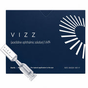 VIZZ eye drop box with ophthalmic solution for presbyopia, dark blue packaging with white geometric design, sterile RX only, SKU: 84226-0100-21