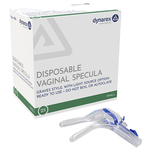 Dynarex disposable vaginal specula packaging box shown alongside two small clear plastic specula with blue accents on a white background.