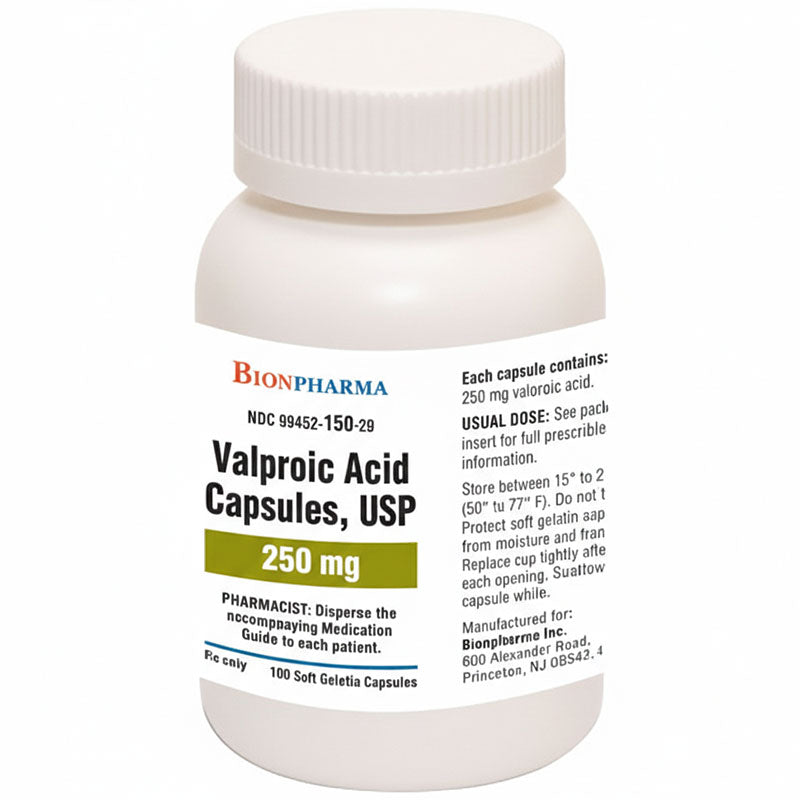 Bottle of Valproic Acid Capsules with BionPharma 