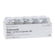 Vancomycin Hydrochloride 1 Gram Injection Vials 10-Pack for antibiotic treatment of severe bacterial infections and resistant strains management.