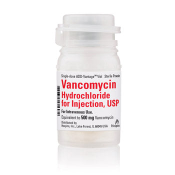 Vancomycin Hydrochloride Injection 500 mL vial, used for treating severe bacterial infections and supporting antibiotic therapy.