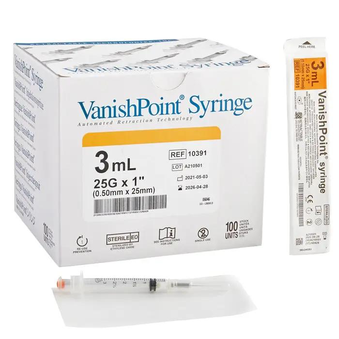 VanishPoint 10391 3 ml Syringe with Hypodermic Needle, 25 Gauge, 1 Inch BX