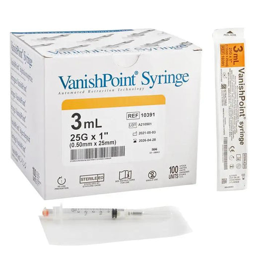 VanishPoint 25 gauge x 1 inch Retractable Safety Hypodermic Syringe with Needle 3 mL, Regular Wall, 100/Box