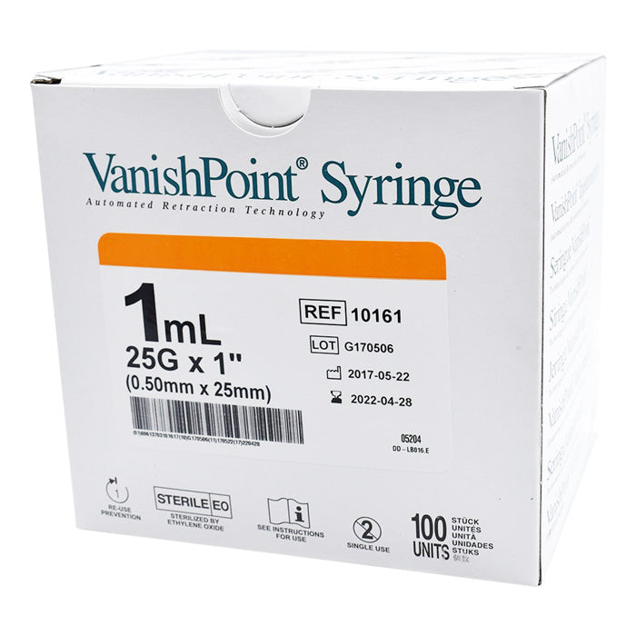 VanishPoint 25 gauge x 1 inch Retractable Tuberculin Syringe with Needle 1 mL