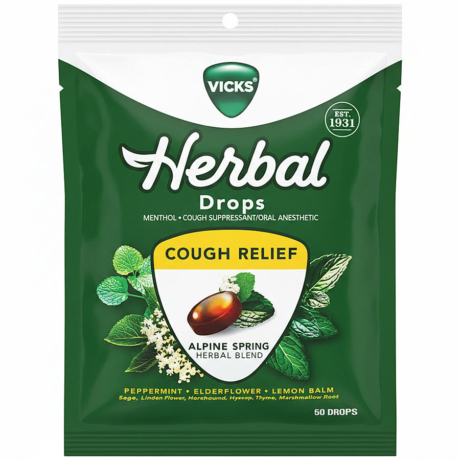 Vicks Herbal Cough Drops, Alpine Spring Herbal Blend 50 Count Bag