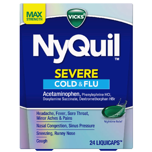 Vicks NyQuil Severe Cold & Flu LiquiCaps 24 ct for nighttime relief, soothing cough, and fever control.