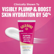 Close-up of GOLD BOND Plumping Collagen Serum Lotion packaging with bold text highlighting skin hydration and collagen boost, pink background