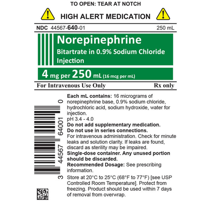  | WGCC Norepinephrine Bitartrate in 0.9% Sodium Chloride IV Bags 4mg 250 mL x 10/Case