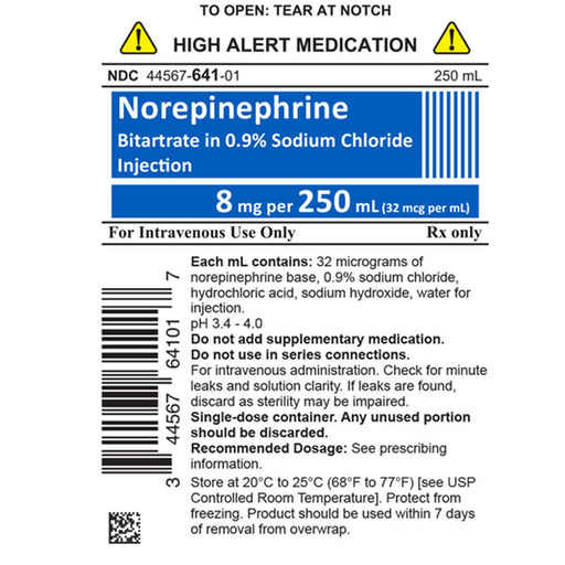Treat High Blood Pressure | WGCC Norepinephrine Bitartrate in 0.9% Sodium Chloride IV Bags 8 mg 250 mL x 10/Case