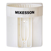 White plastic wall-mounted holder for Mckesson 18 oz hand sanitizer or soap bottles, with mounting slots and branding, for hygiene stations