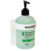 Wall bracket for Mckesson 18 fl oz hand soap, sanitizer, and lotion bottles with pump dispenser, white plastic, for bathroom use - SKU: 53-18OZBK