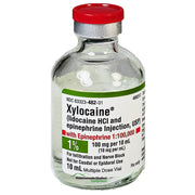 Clear glass Xylocaine injection vial with red cap, labeled with lidocaine HCl 1% and epinephrine 1:100,000 for nerve block use