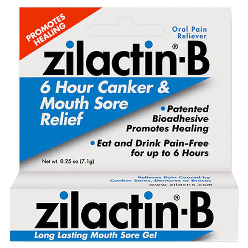 Zilactin-B Canker Sore Gel tube shown for fast canker relief, pain management, and improved oral health and mouth sore healing.