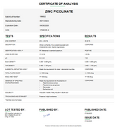 Certificate of Analysis for Zinc Picolinate For Compounding (API)