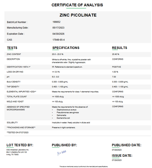 Certificate of Analysis for Zinc Picolinate For Compounding (API)