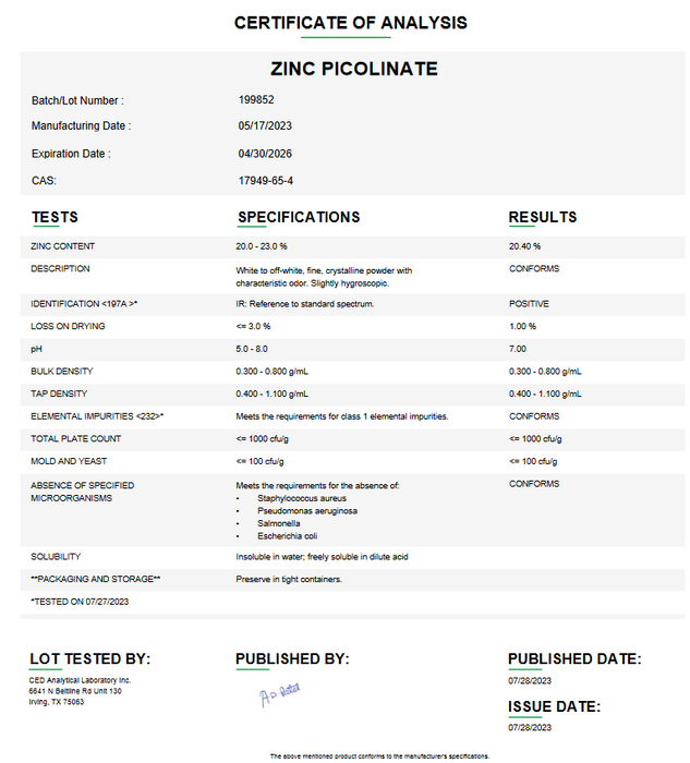 Zinc Picolinate For Compounding (API)