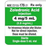 Zoledronic Acid Injection label for bone health, used in osteoporosis treatment, increasing bone density and fracture prevention.