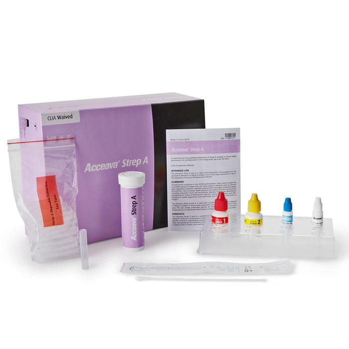 Acceava Strep A test kit with various components on a white background