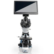 High-resolution trinocular microscope with integrated BioVID 4K camera and 13.3-inch monitor for scientific laboratory use