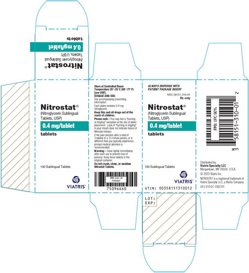 Nitrostat Sublingual Tablets 0.4 mg Nitroglycerin Tablets, 100/bottle (Rx)