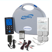 Electrotherapy device kit with control panel, leads, and electrodes on a white background