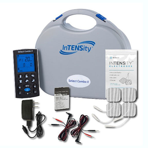 Electrotherapy device kit with control panel, leads, and electrodes on a white background