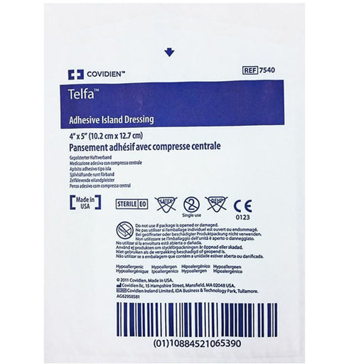 Telfa Adhesive Island Dressing 4 x 5, sterile wound care with non-stick pad, offering absorbency, comfort, and secure healing.