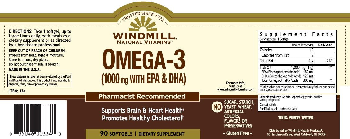Buy Windmill Marketing Windmill Omega 3 EPA & DHA Fish Oil, 1000 MG, 180 count  online at Mountainside Medical Equipment