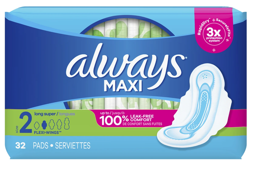 Feminine Protection | Always Maxi Pads with Wings Long Super Absorbency Size 2, 32 Ct