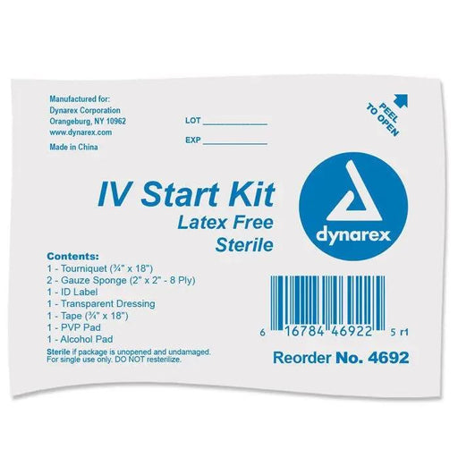Comprehensive IV Start Kit, including transparent dressing, tourniquet, tape, and alcohol prep pads, for efficient and sterile intravenous therapy setup.