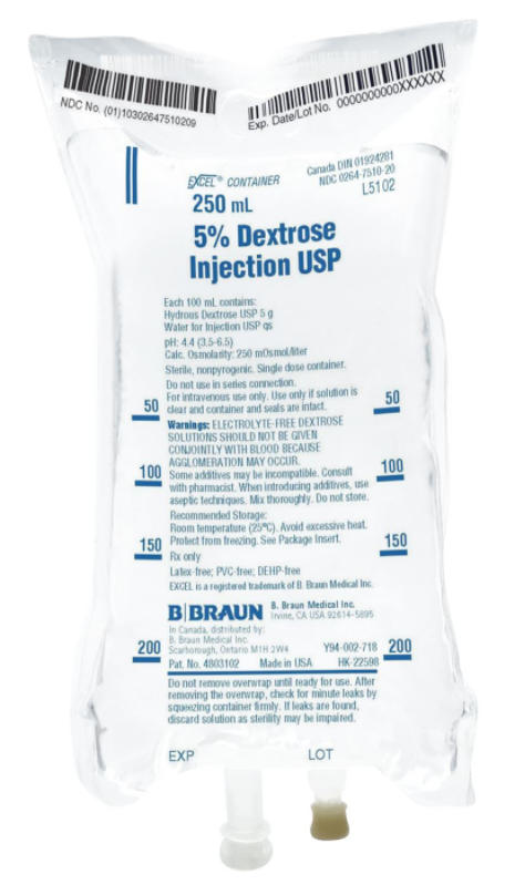 Dextrose 5% for Injection IV Bags by B Braun for iv therapy.