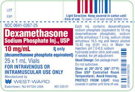 A package label with Dexamethasone Injection used for autoimmune disorder and severe allergy treatment.