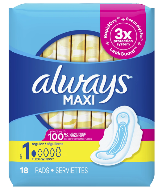 Feminine Protection | Always Maxi Regular Pads with Wings Size 1 Unscented 18/pk