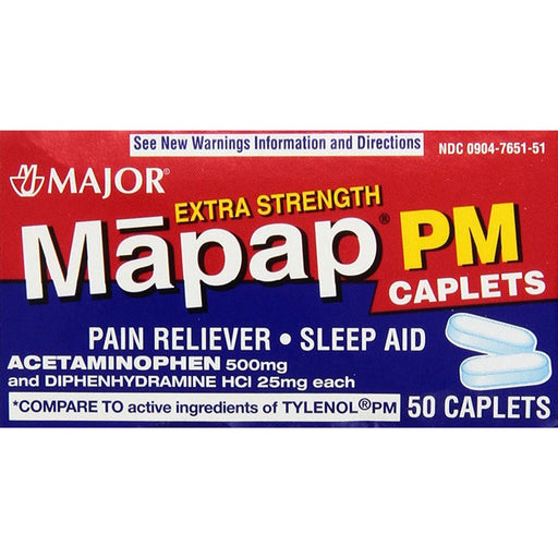 Major Pharmaceuticals Acetaminophen PM Caplets 500mg Extra Strength 50 Count | Mountainside Medical Equipment 1-888-687-4334 to Buy