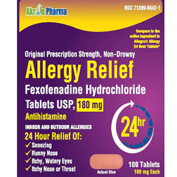 Allergy Relief Medicine | Akron Fexofenadine 180mg Allergy Relief Tablets 24-Hour Relief, 100 Tablets