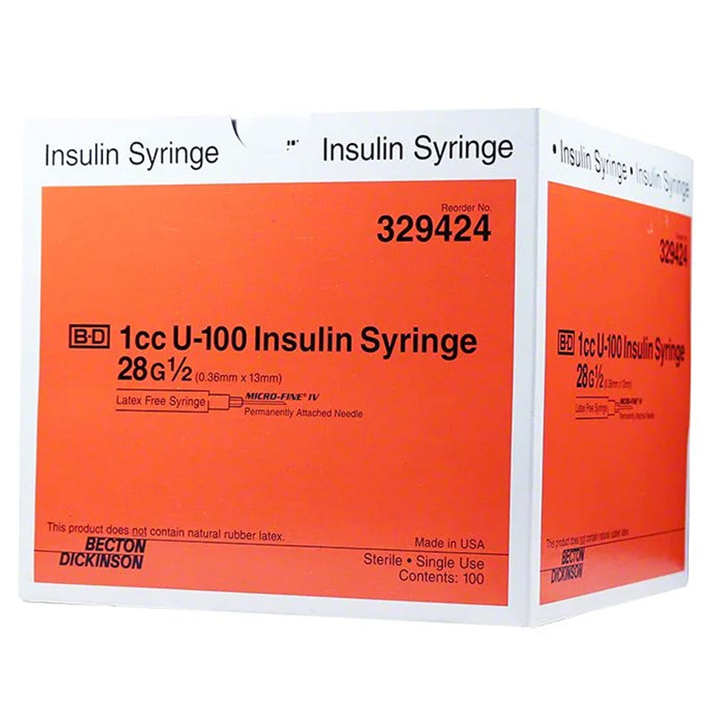 BD 329424 Microfine U-100 Insulin Syringes 1 mL, 28 Gauge x 1/2 inch 100/Box