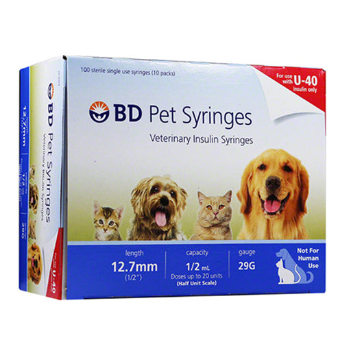 Pet Insulin Syringes, | BD 323000 U‑40  Veterinary Insulin Syringe 29 gauge x 1/2", 100/Box