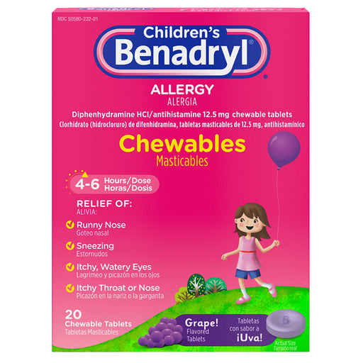 Allergy Relief | Benadryl Children's Allergy Relief Medicine Chewables Grape Flavored, 20 Count