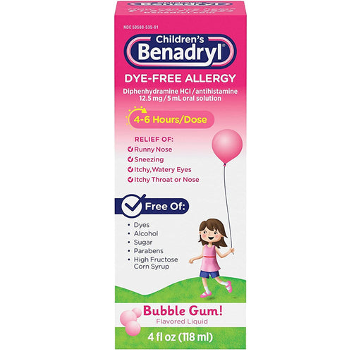 Benadryl Children's Dye-Free Allergy Relief Medicine Liquid Bubble Gum Flavor 
