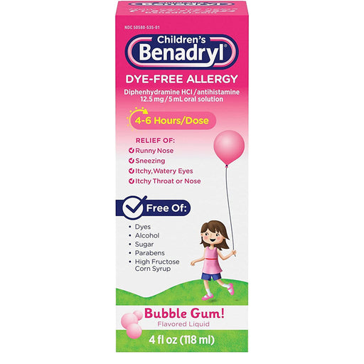 Johnson and Johnson Consumer Inc Benadryl Children's Dye-Free Allergy Relief Medicine Liquid Bubble Gum Flavor | Mountainside Medical Equipment 1-888-687-4334 to Buy
