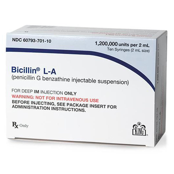 Buy Pfizer USPG Bicillin L-A Antibiotic Penicillin G Benzathine 1200 MU/mL Intramuscular Injection Prefilled Syringe 2 mL x 10 Count **Refrigerated**  online at Mountainside Medical Equipment