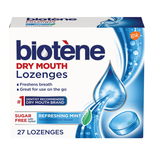 Biotene Dry Mouth Lozenges Refreshing Mint Flavor Sugar Free 27 Count for dry mouth and oral health support.