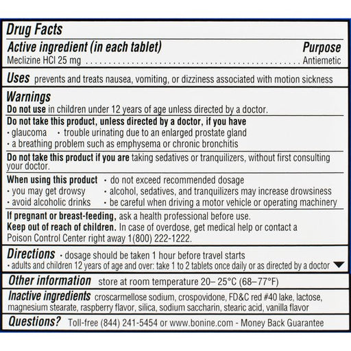Buy Emerson Healthcare Bonine Motion Sickness Prevention Chewable Tablets, 6 Count Raspberry Flavor  online at Mountainside Medical Equipment
