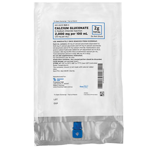 Buy Fresenius Kabi Calcium Gluconate in Sodium Chloride Injection Freeflex 2,000 mg per 100 mL (20 mg per mL) 24/Case  online at Mountainside Medical Equipment