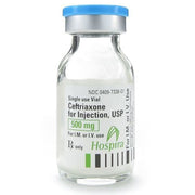 Ceftriaxone Sodium Injection 500 mg 1 mL Vial on a pharmacy shelf, essential for antibiotic treatment of bacterial infections safely.